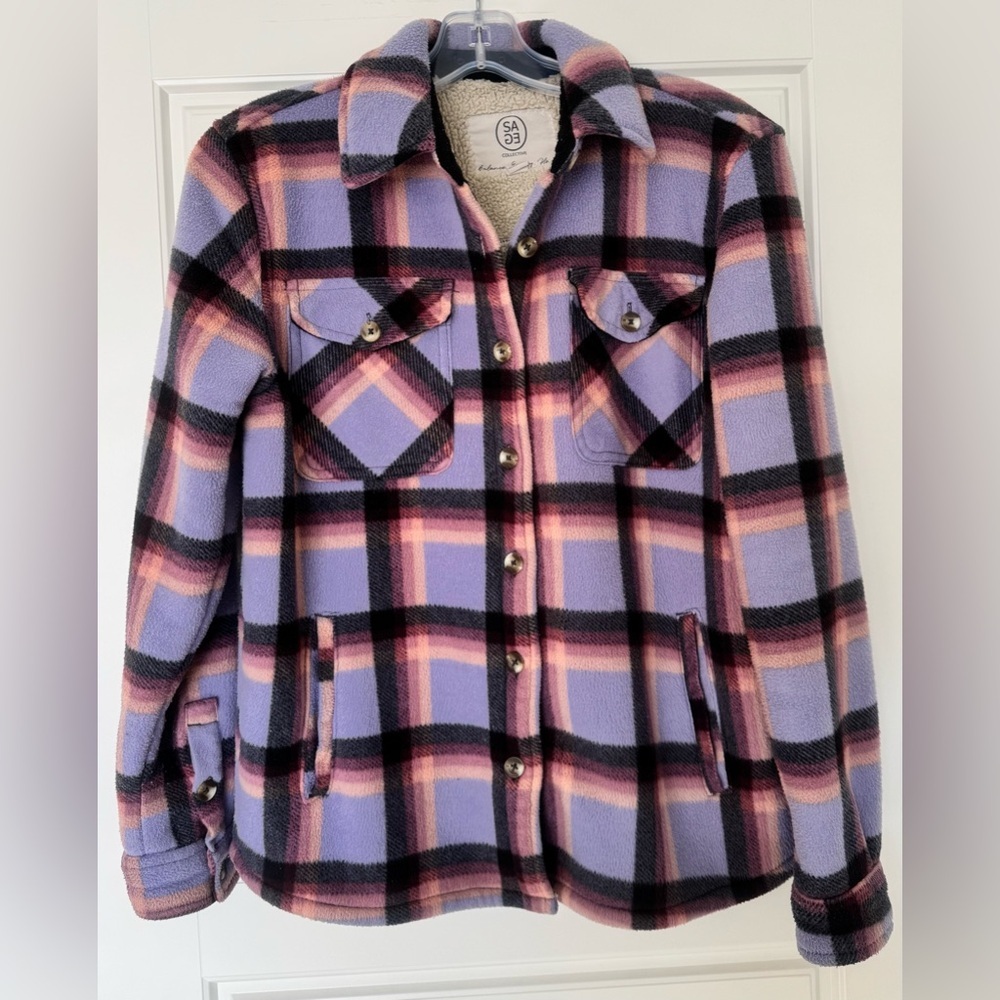 Sage Collective Plaid Plush Sherpa Lined Fleece Flannel Purple‎ Size XS